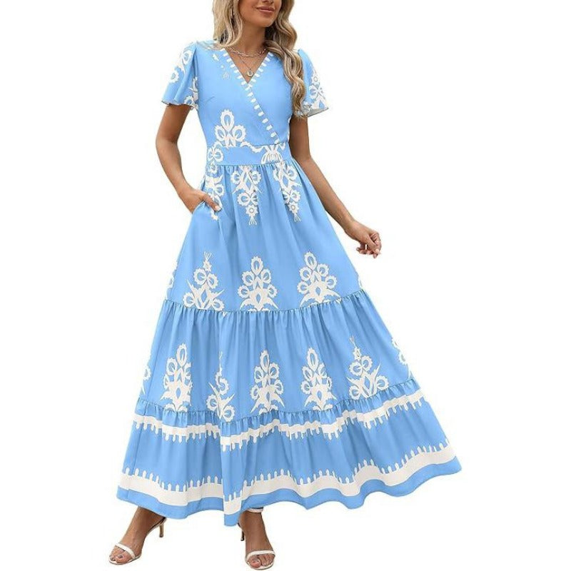 Boho Ruffle Maxi Dress with Pockets – V-Neck, Smocked Waist, and Tiered Skirt
