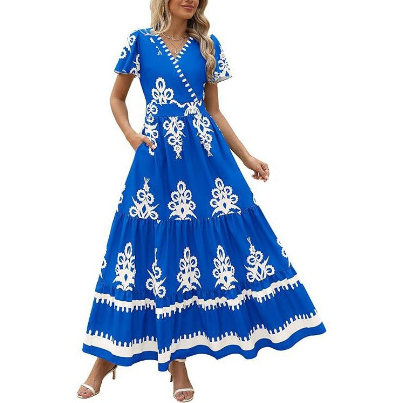 Boho Ruffle Maxi Dress with Pockets – V-Neck, Smocked Waist, and Tiered Skirt