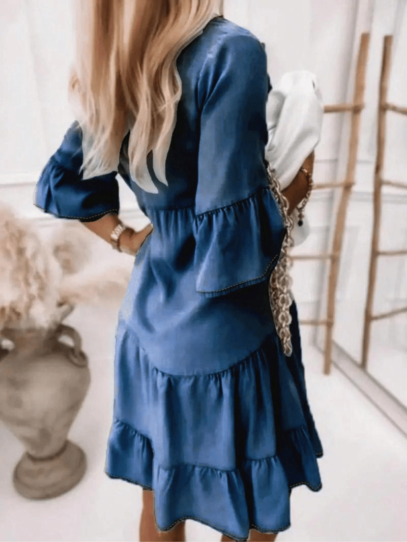 πV-Neck Ruffle Trim Summer Dress β Lightweight Denim Look