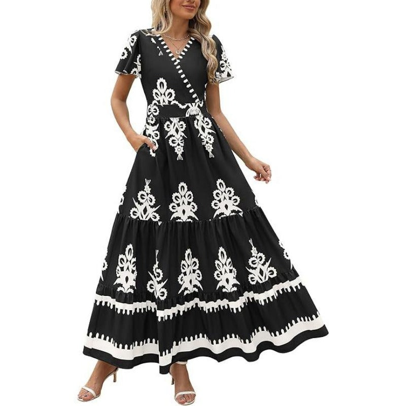 Boho Ruffle Maxi Dress with Pockets – V-Neck, Smocked Waist, and Tiered Skirt