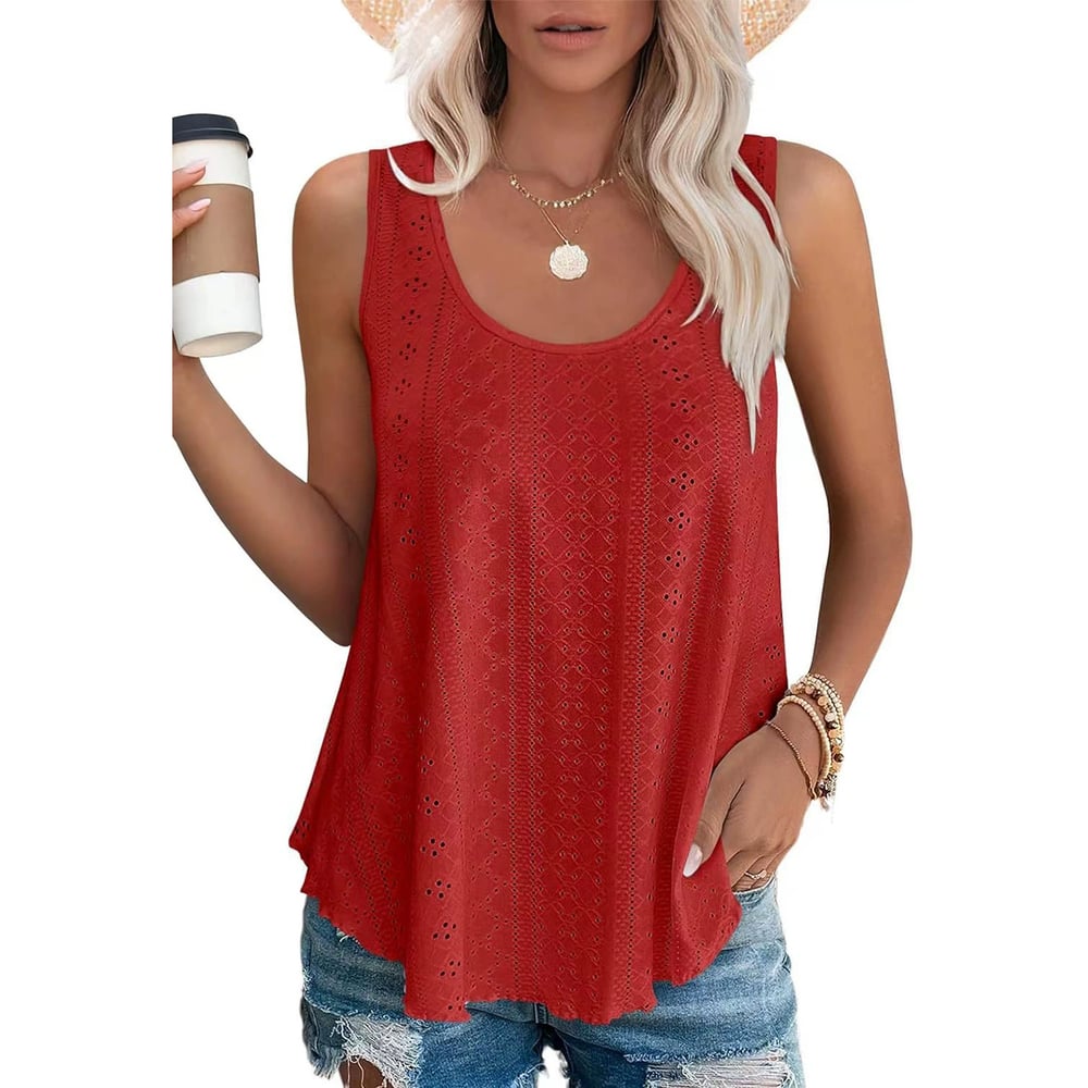 🎁Womens Tank Tops Sleeveless EyeletEmbroidery Scoop Neck Loose Fit Casual SummerFlowy