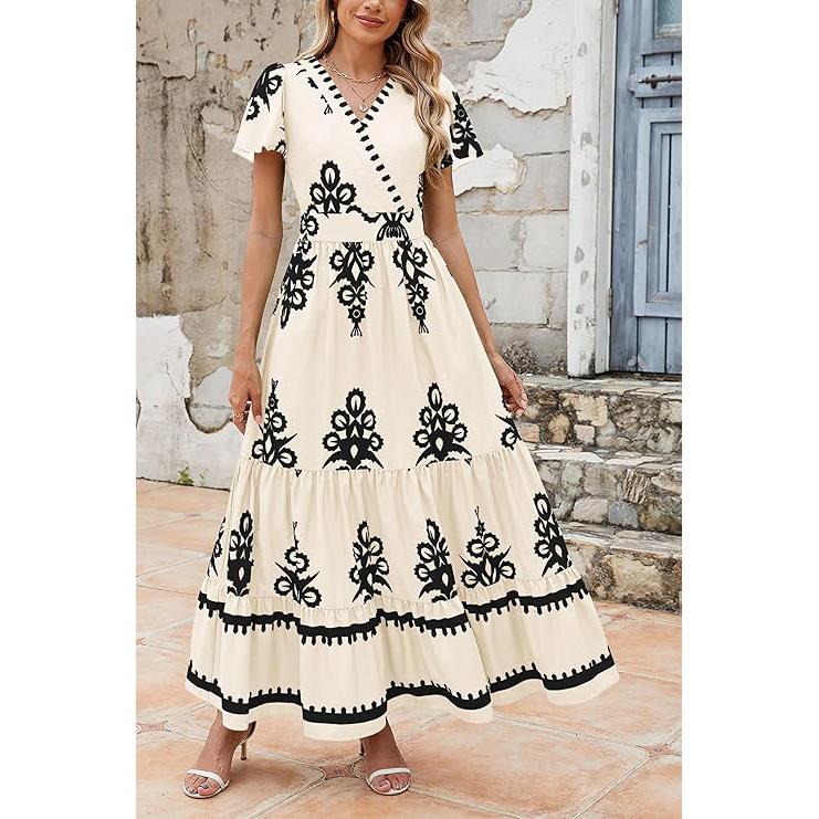 Boho Ruffle Maxi Dress with Pockets – V-Neck, Smocked Waist, and Tiered Skirt