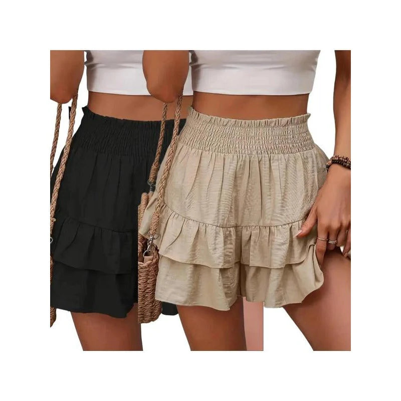 1 High-Waist Ruffle Smocked Shorts – Lightweight Double-Layer Lounge Bottoms