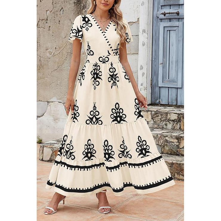 Boho Ruffle Maxi Dress with Pockets – V-Neck, Smocked Waist, and Tiered Skirt