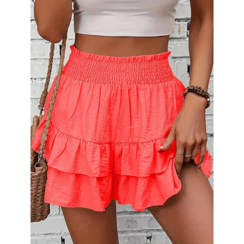 1 High-Waist Ruffle Smocked Shorts – Lightweight Double-Layer Lounge Bottoms