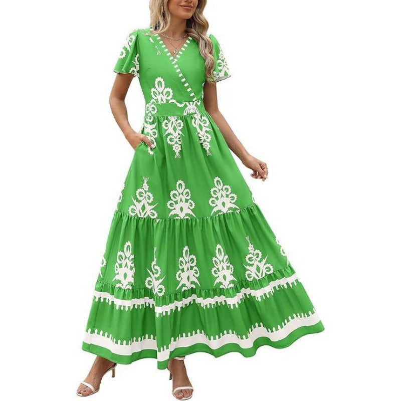 Boho Ruffle Maxi Dress with Pockets – V-Neck, Smocked Waist, and Tiered Skirt