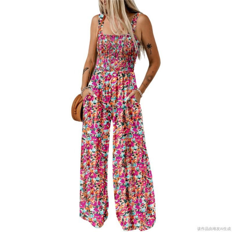 Breezy Wide-Leg Jumpsuit with Square Neckline & Bold Prints