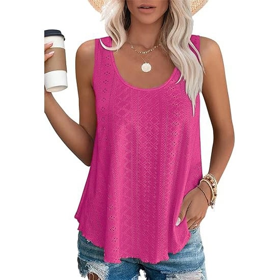 🎁Womens Tank Tops Sleeveless EyeletEmbroidery Scoop Neck Loose Fit Casual SummerFlowy