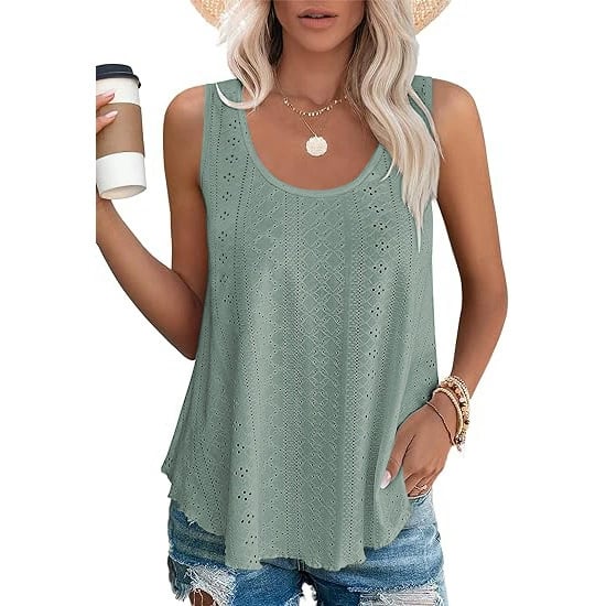 🎁Womens Tank Tops Sleeveless EyeletEmbroidery Scoop Neck Loose Fit Casual SummerFlowy