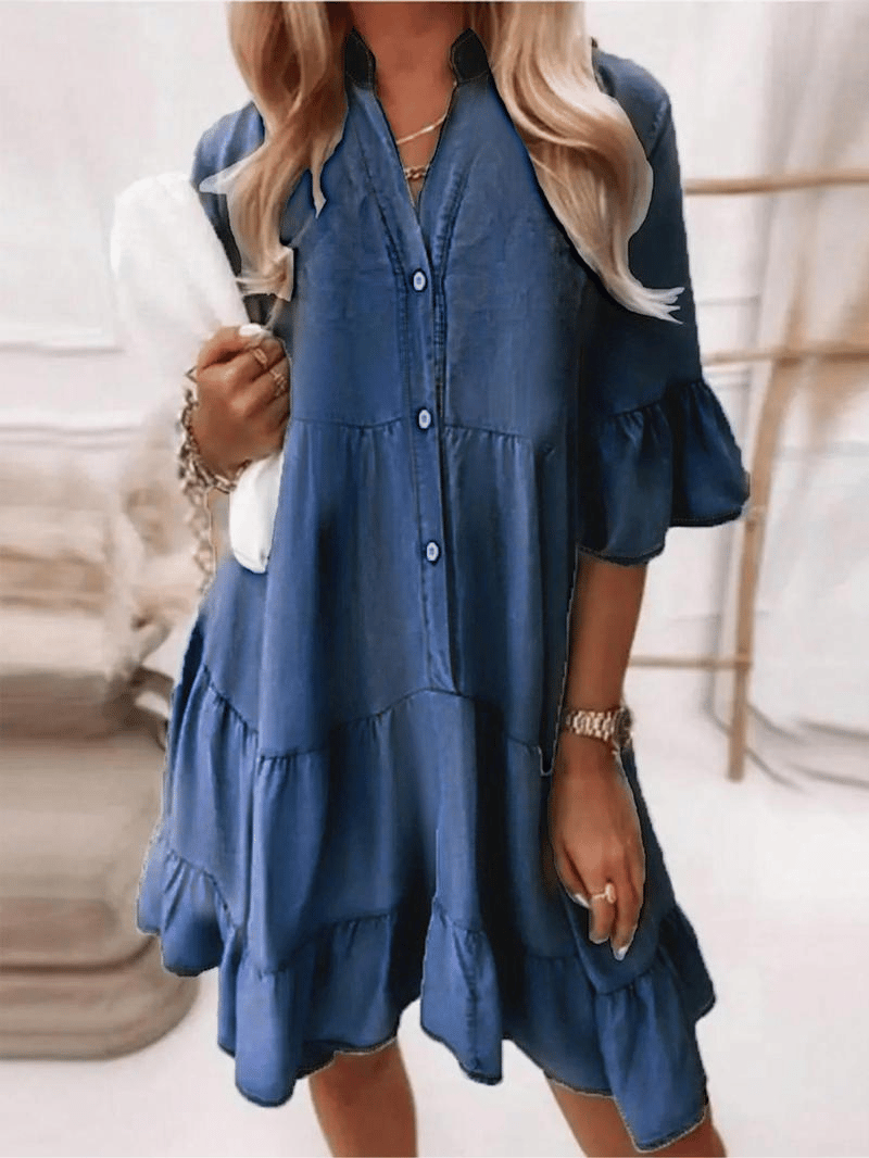 πV-Neck Ruffle Trim Summer Dress β Lightweight Denim Look