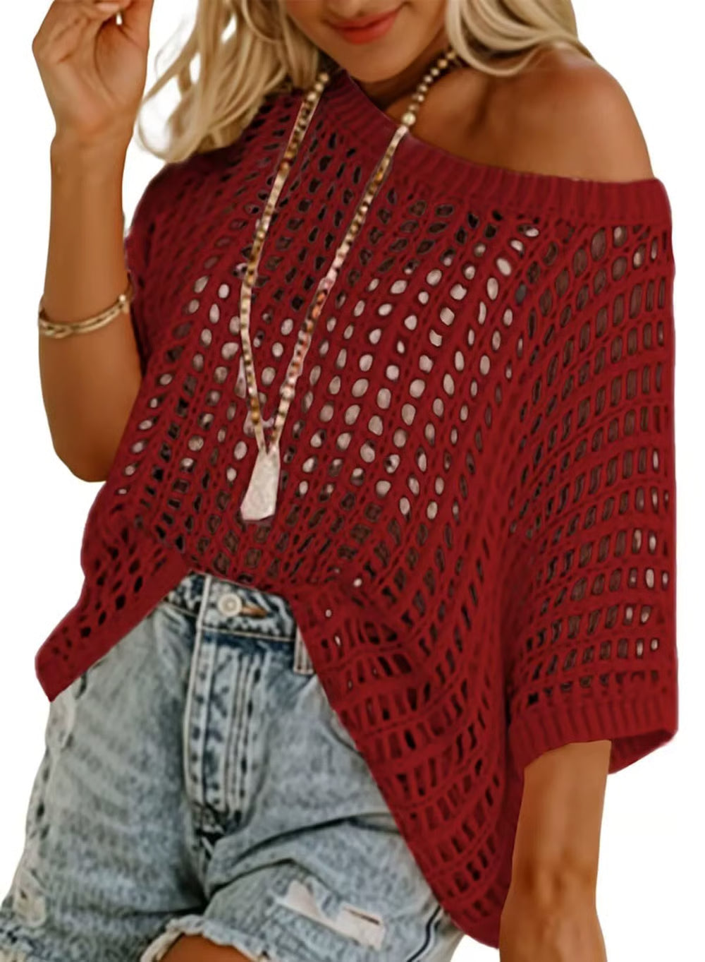 Huge 49% discount — 3 hours only!🎁Womens Summer Scoop Neck ShortSleeve Sweater Casual Crochet Hollow Out KnitTops