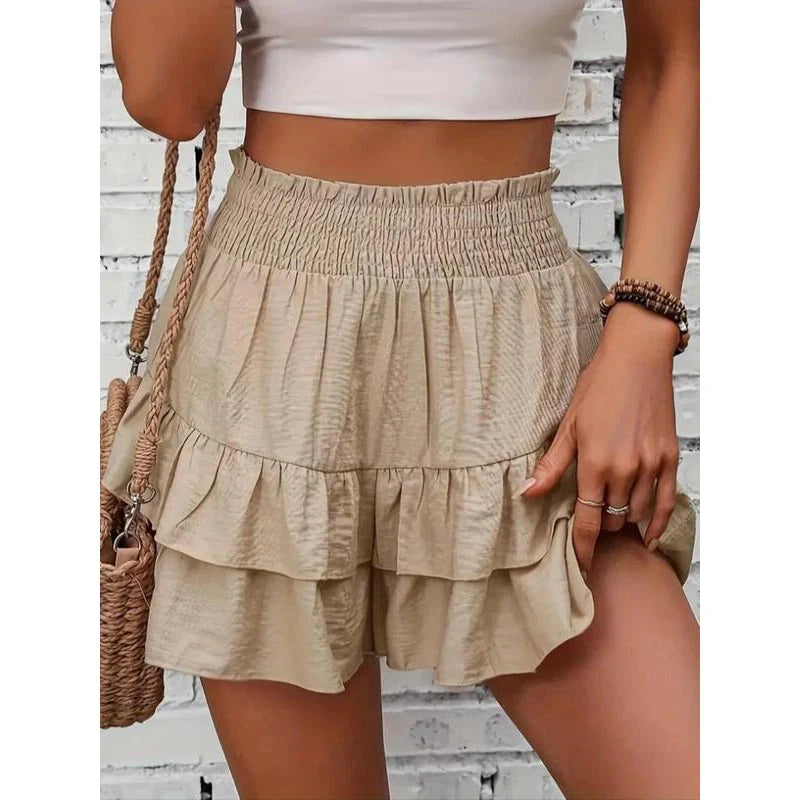 1 High-Waist Ruffle Smocked Shorts – Lightweight Double-Layer Lounge Bottoms
