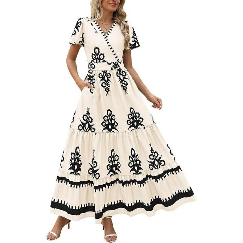 Boho Ruffle Maxi Dress with Pockets – V-Neck, Smocked Waist, and Tiered Skirt