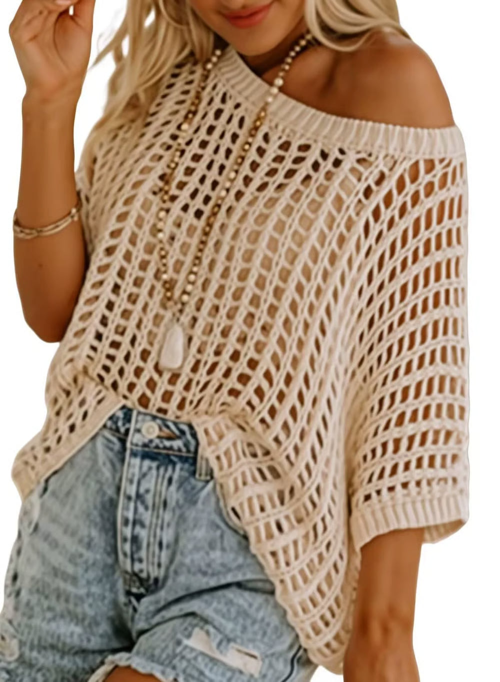 Huge 49% discount — 3 hours only!🎁Womens Summer Scoop Neck ShortSleeve Sweater Casual Crochet Hollow Out KnitTops