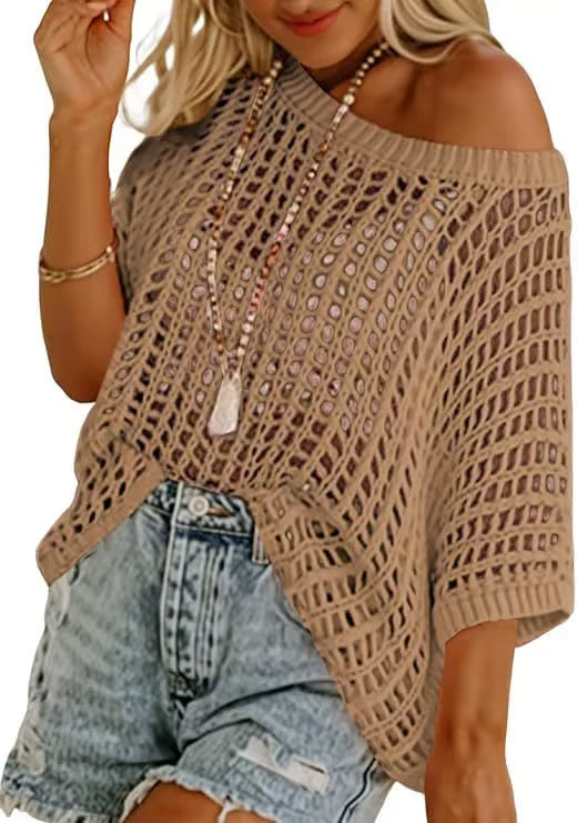 Huge 49% discount — 3 hours only!🎁Womens Summer Scoop Neck ShortSleeve Sweater Casual Crochet Hollow Out KnitTops