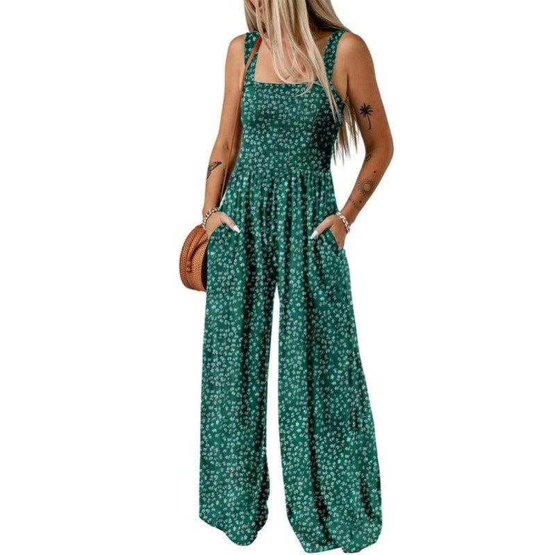 Breezy Wide-Leg Jumpsuit with Square Neckline & Bold Prints