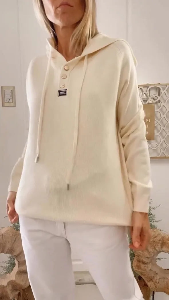 Women Round Neck Hooded Drawstring Casual Top