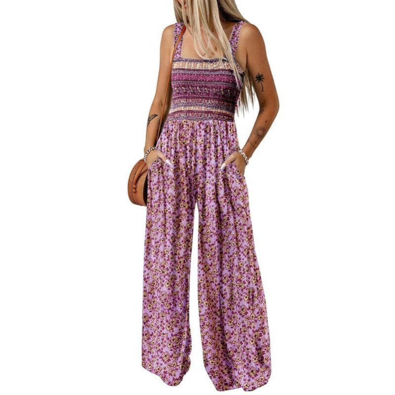 Breezy Wide-Leg Jumpsuit with Square Neckline & Bold Prints