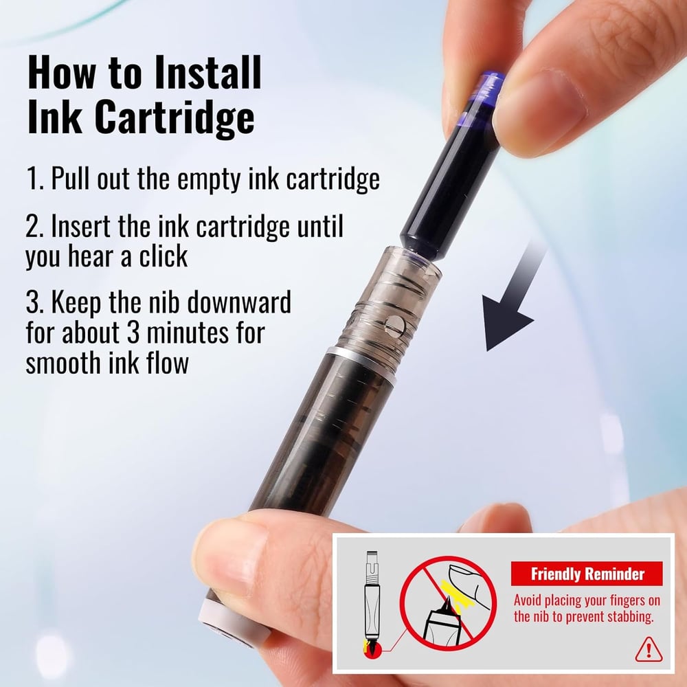 Fountain Pen Retractable:0.38mm Blue&Black Ink Transparent Barrel Includes 5 Refillable Ink Cartridges