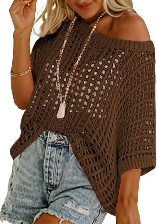 Huge 49% discount — 3 hours only!🎁Womens Summer Scoop Neck ShortSleeve Sweater Casual Crochet Hollow Out KnitTops