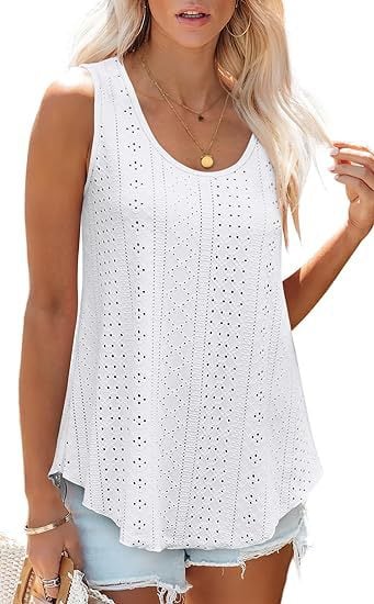 🎁Womens Tank Tops Sleeveless EyeletEmbroidery Scoop Neck Loose Fit Casual SummerFlowy