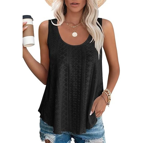 🎁Womens Tank Tops Sleeveless EyeletEmbroidery Scoop Neck Loose Fit Casual SummerFlowy