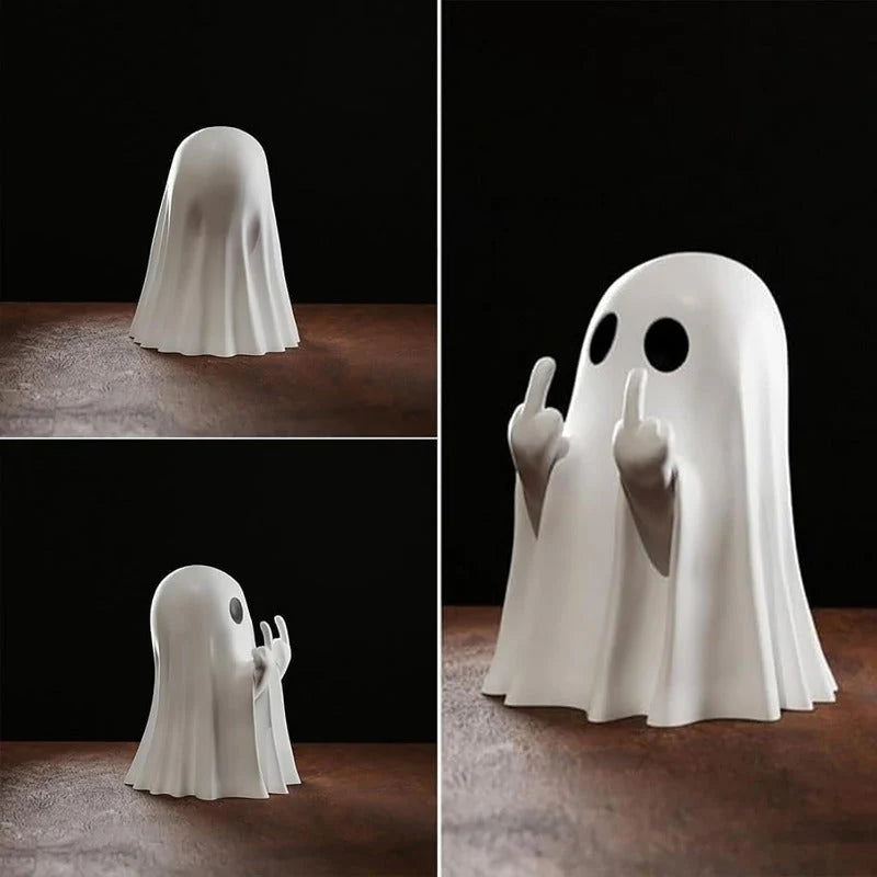 Mini Cute Ghost Statue with Middle Finger – Funny Halloween Desk Decor