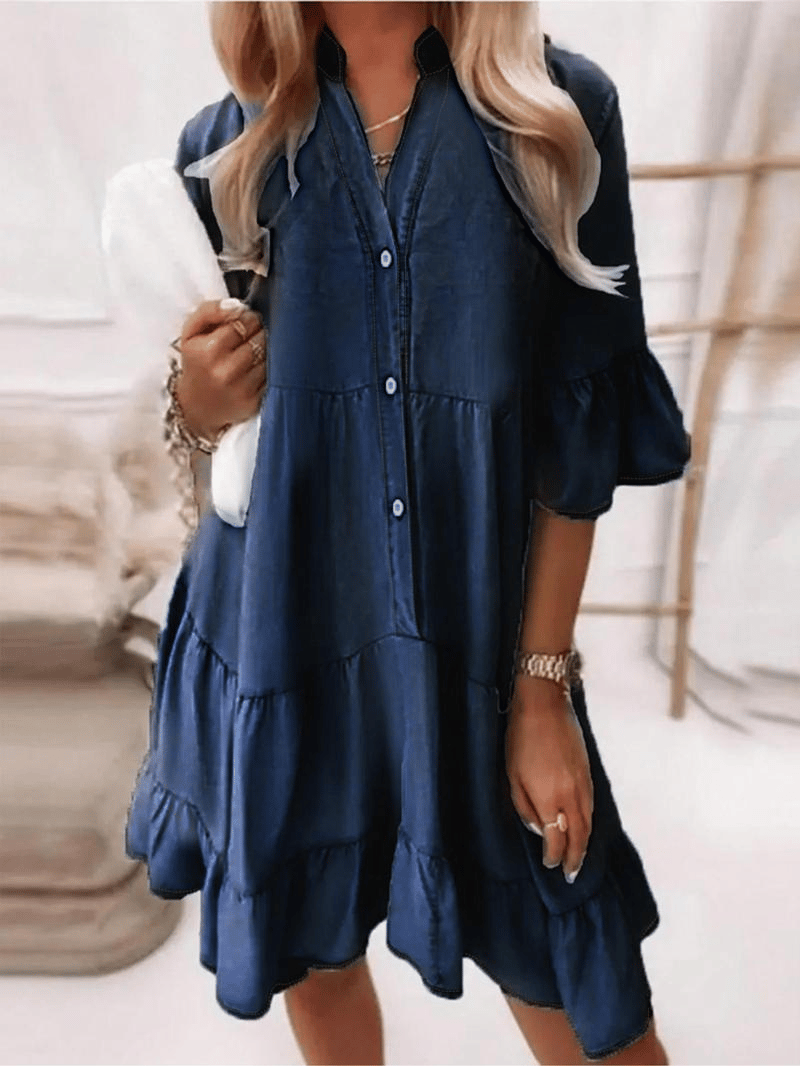 πV-Neck Ruffle Trim Summer Dress β Lightweight Denim Look