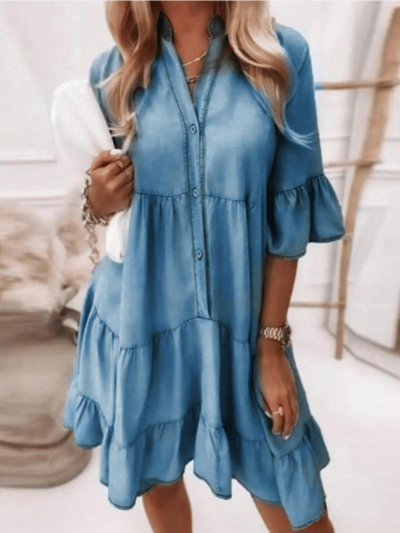 πV-Neck Ruffle Trim Summer Dress β Lightweight Denim Look