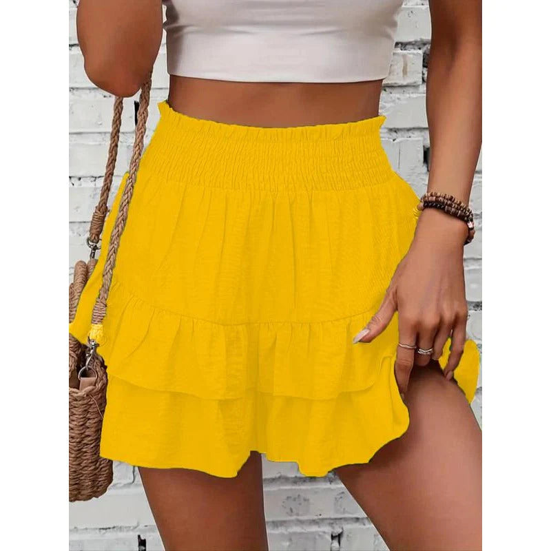 1 High-Waist Ruffle Smocked Shorts – Lightweight Double-Layer Lounge Bottoms