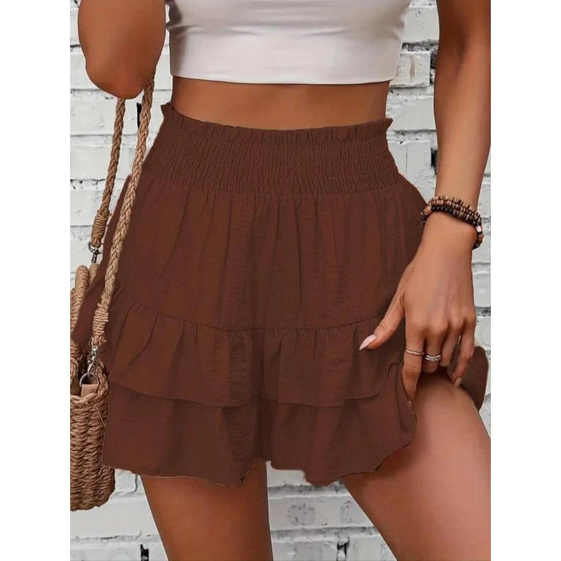 1 High-Waist Ruffle Smocked Shorts – Lightweight Double-Layer Lounge Bottoms