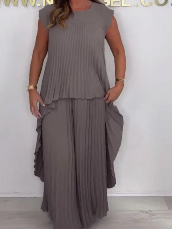 🔥time-limited discount 🔥Laney Pleated Short Sleeve Irregular Midi Top and Elastic Waist Wide Leg Pants Set