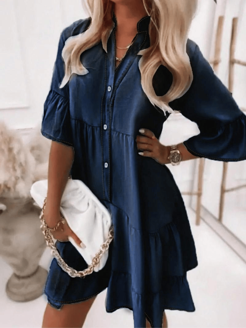 πV-Neck Ruffle Trim Summer Dress β Lightweight Denim Look
