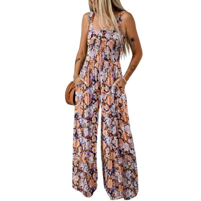 Breezy Wide-Leg Jumpsuit with Square Neckline & Bold Prints