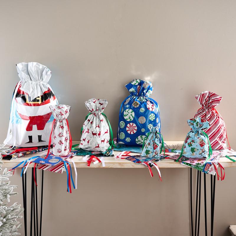 Christmas Drawstring Gift Bags — Festive & Durable with 30 Gift Tags