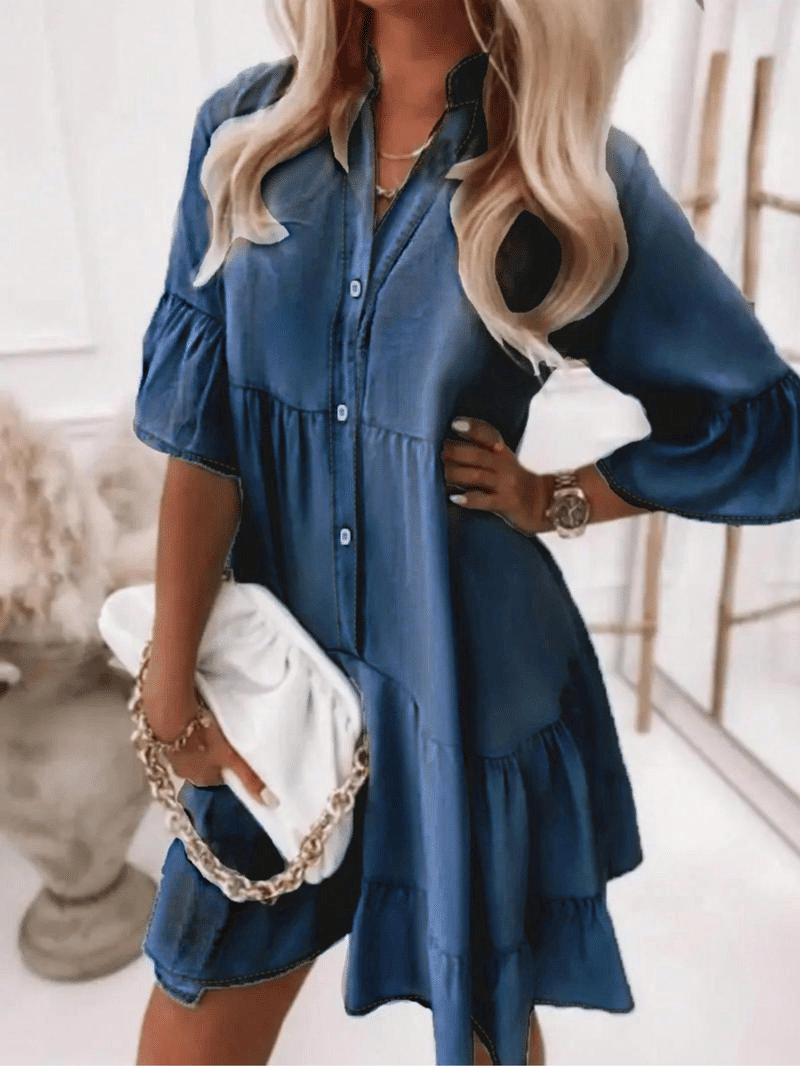 πV-Neck Ruffle Trim Summer Dress β Lightweight Denim Look