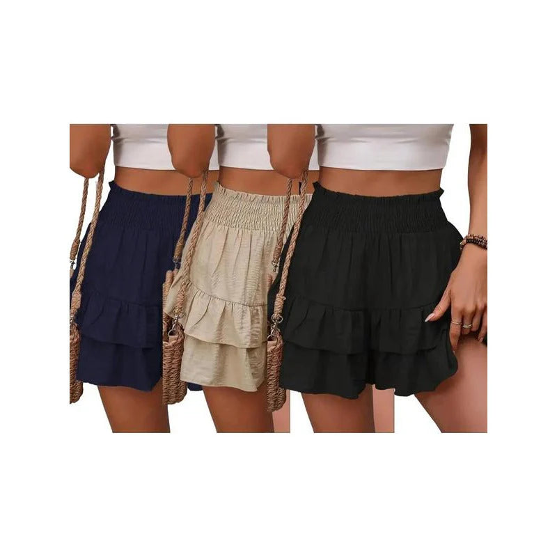 1 High-Waist Ruffle Smocked Shorts – Lightweight Double-Layer Lounge Bottoms
