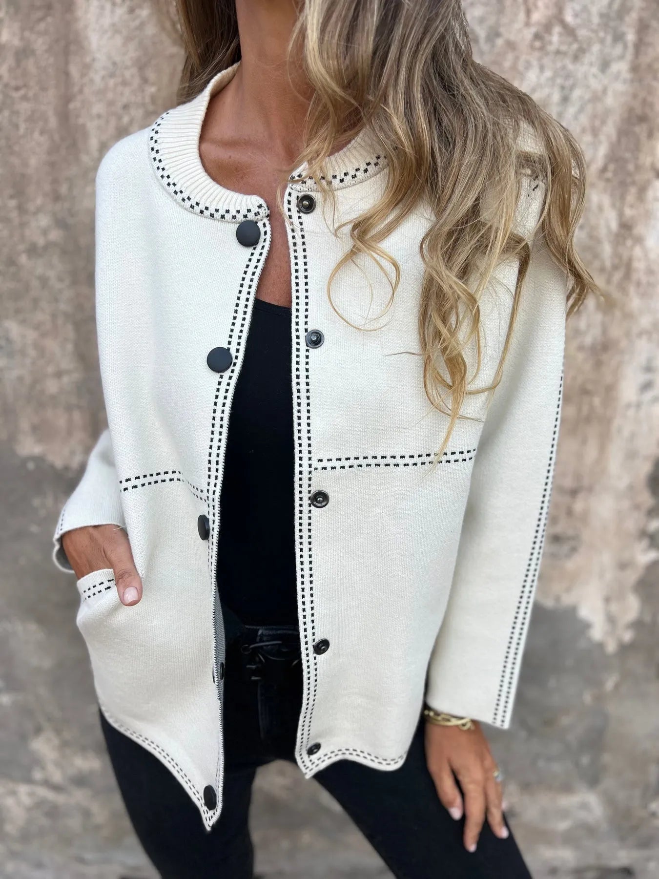 Round Neck Button Stripe Tops