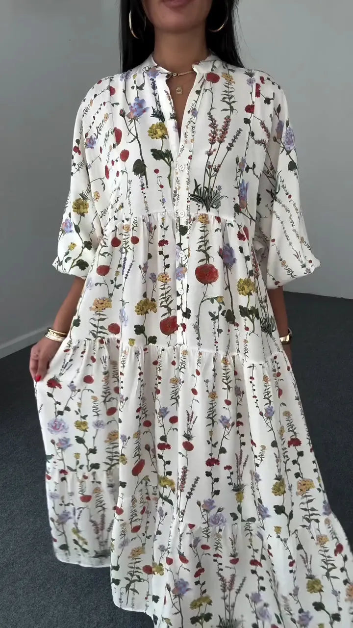 Ladies Round Neck Printed Patchwork Casual Dress