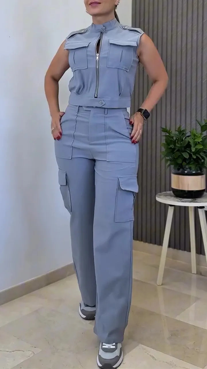 Women Round Neck Zipper Splicing Top + Pants Casual Suit