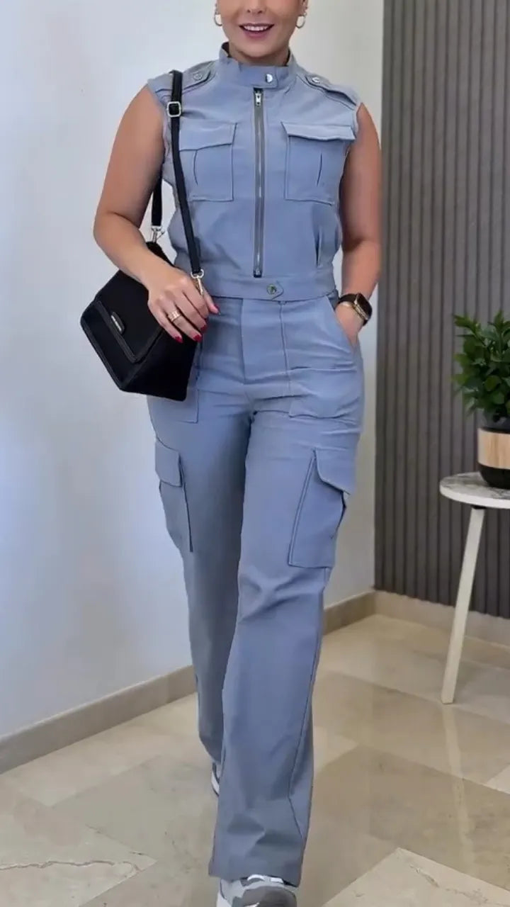 Women Round Neck Zipper Splicing Top + Pants Casual Suit