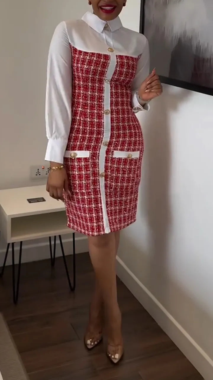 Womens Lapel Spliced and Breasted Elegant Casual Dress