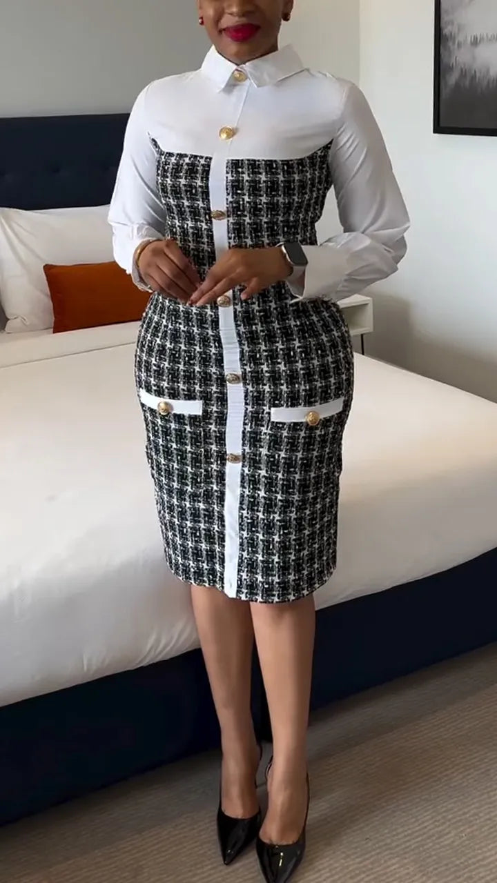 Womens Lapel Spliced and Breasted Elegant Casual Dress