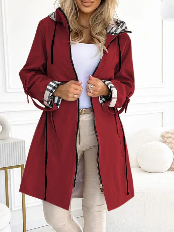Women's Hooded Zipper Drawstring Plaid Print Casual Long Coat