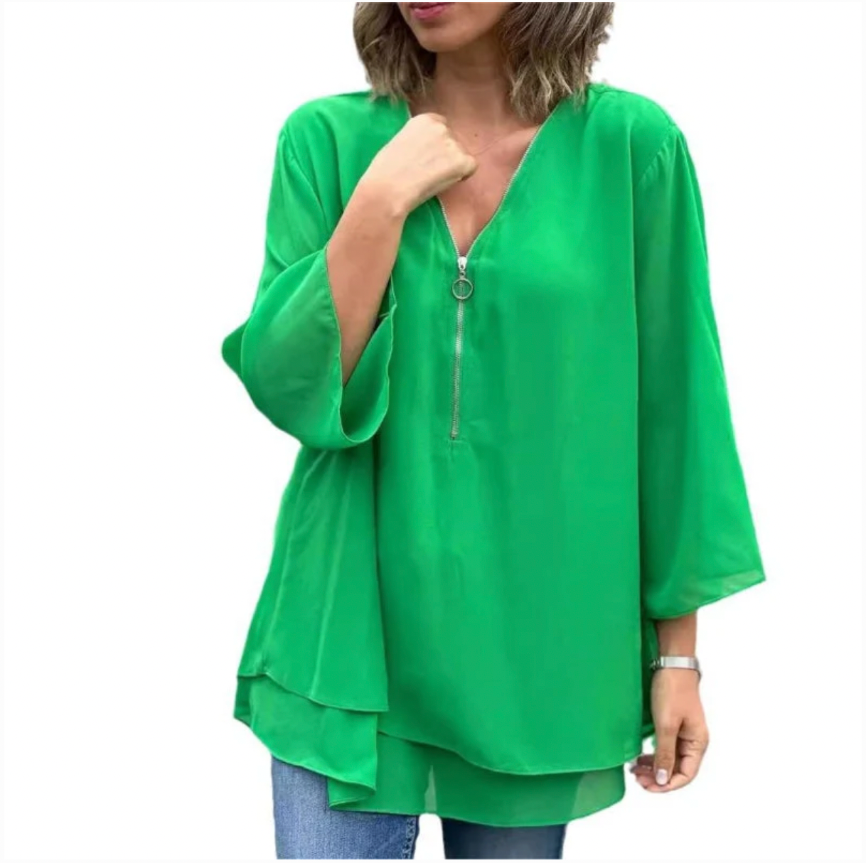 Double-Layer V-neck Zipper 3/4 Sleeves Soft Tops