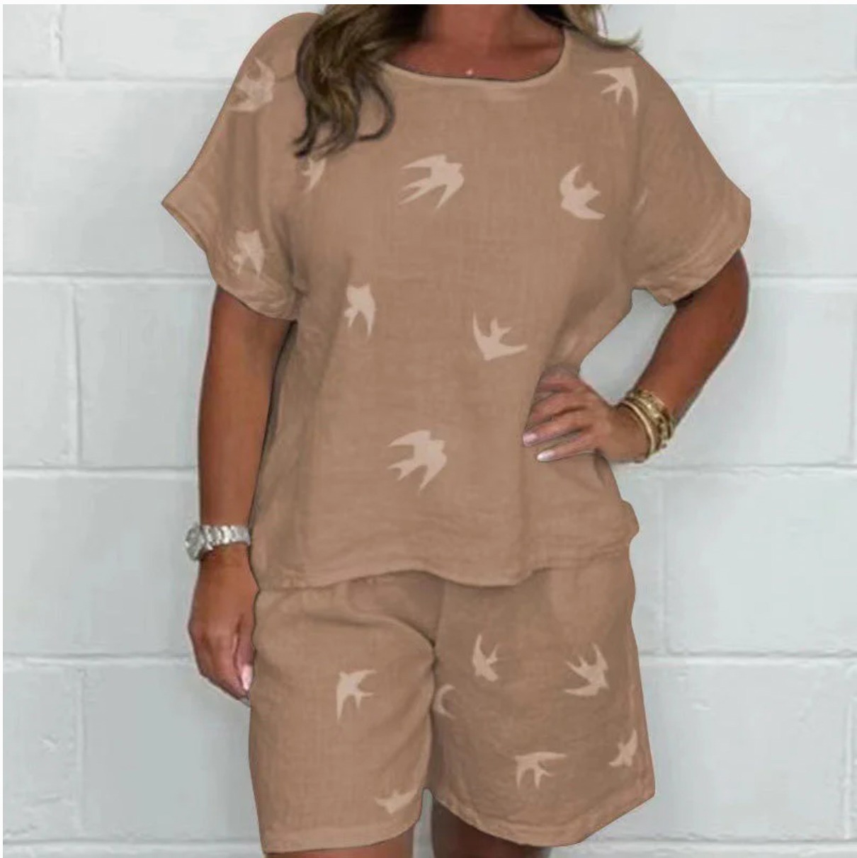 Casual Printed Cotton-Linen Short Sleeve Shorts Set