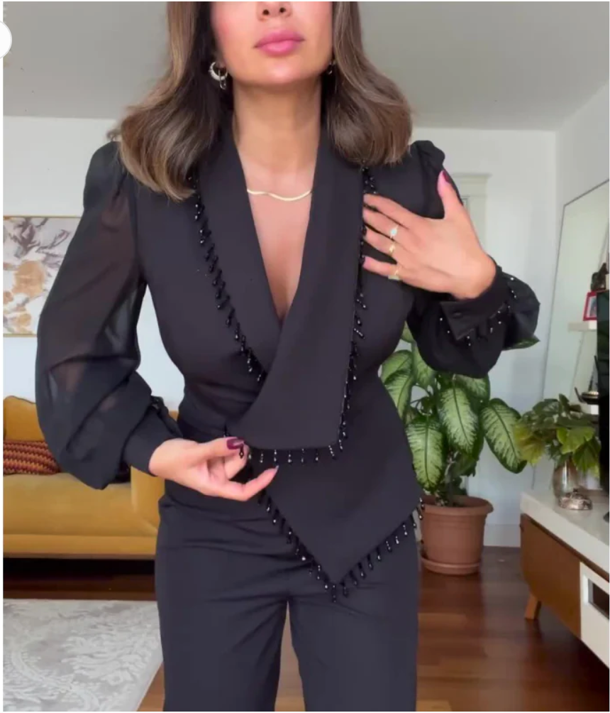 🌸Spring Specials🌸 Elegant Black Beaded Wide-Leg Jumpsuit