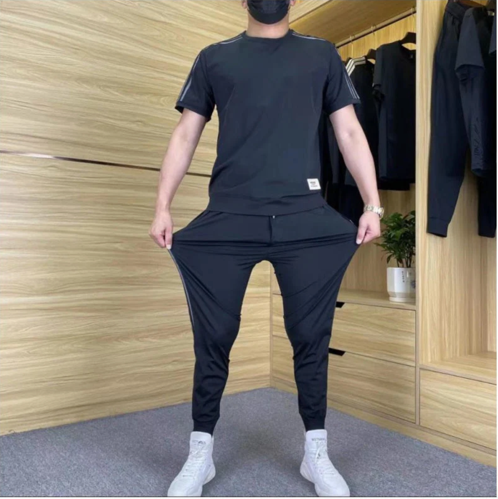 Men's High Stretch Short Sleeve Top & Jogging Pants 2-Piece Set