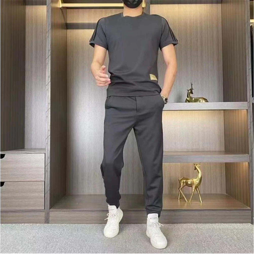 Men's High Stretch Short Sleeve Top & Jogging Pants 2-Piece Set