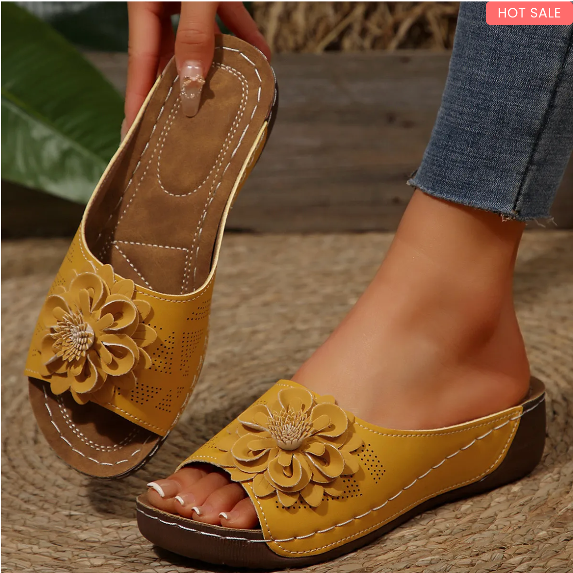 Women's Floral Wedge Sandals – Open-Toe Slip-Ons for Casual Summer Outings